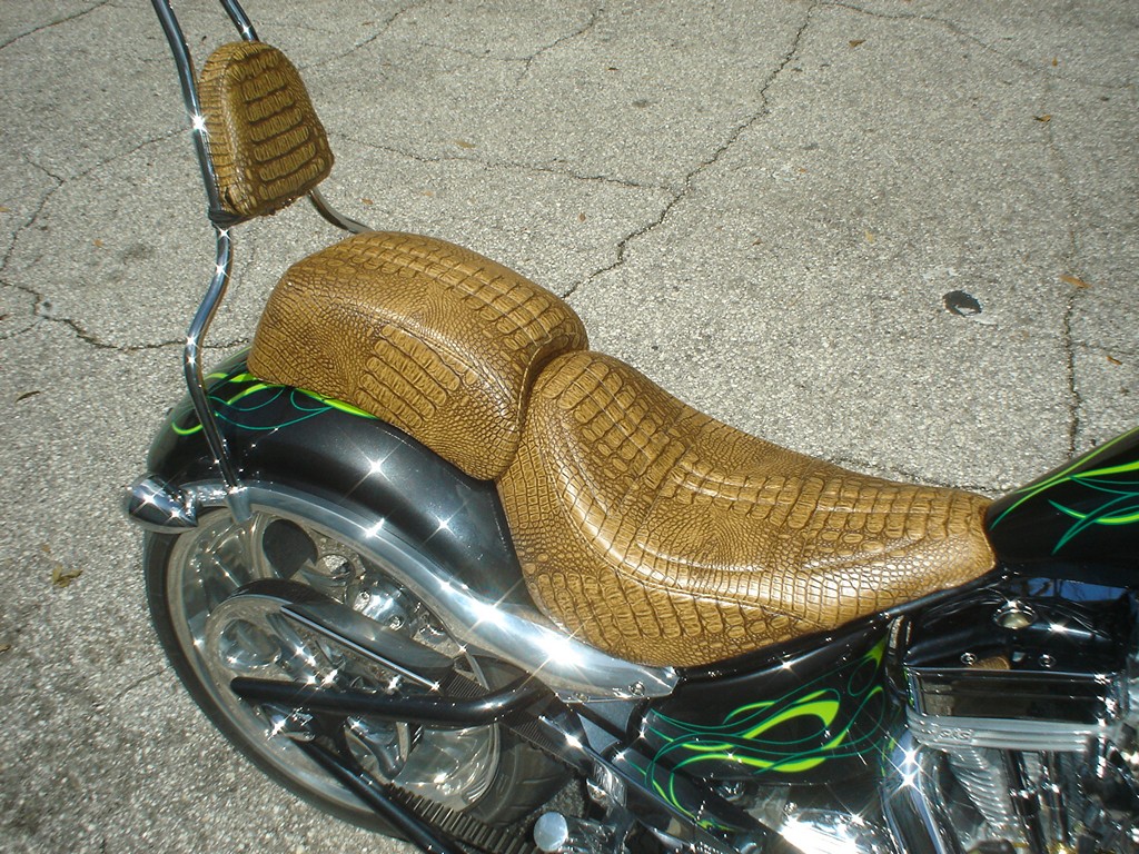 Two-up seat and backrest in tan gator on a black and green bike