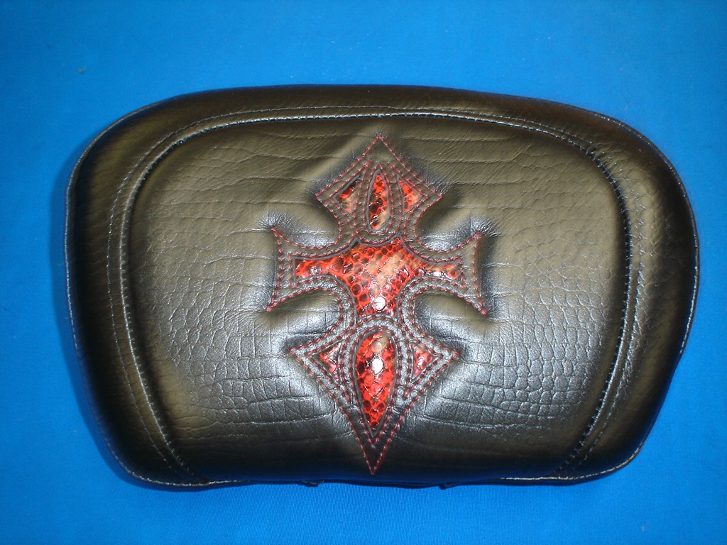 Black gator backrest with a red snakeskin cross inlay